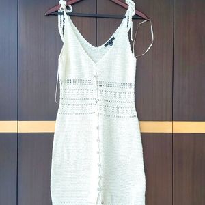 Beige Tie Shoulder Button Down Crochet Mini Dress ☀️